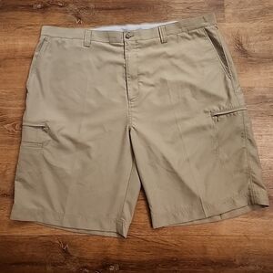 Callaway GOLF Shorts 7-POCKET Logo Flat Front Chino Style Tan Men's Sz 46B